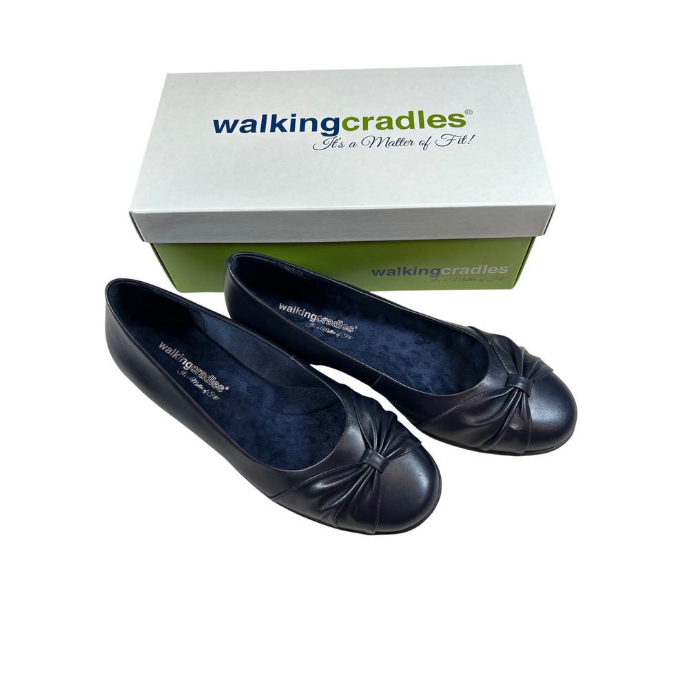 Walking Cradles Baker Navy Leather Ballet Flats PleatedKnot Sz 11W Wide Comfort